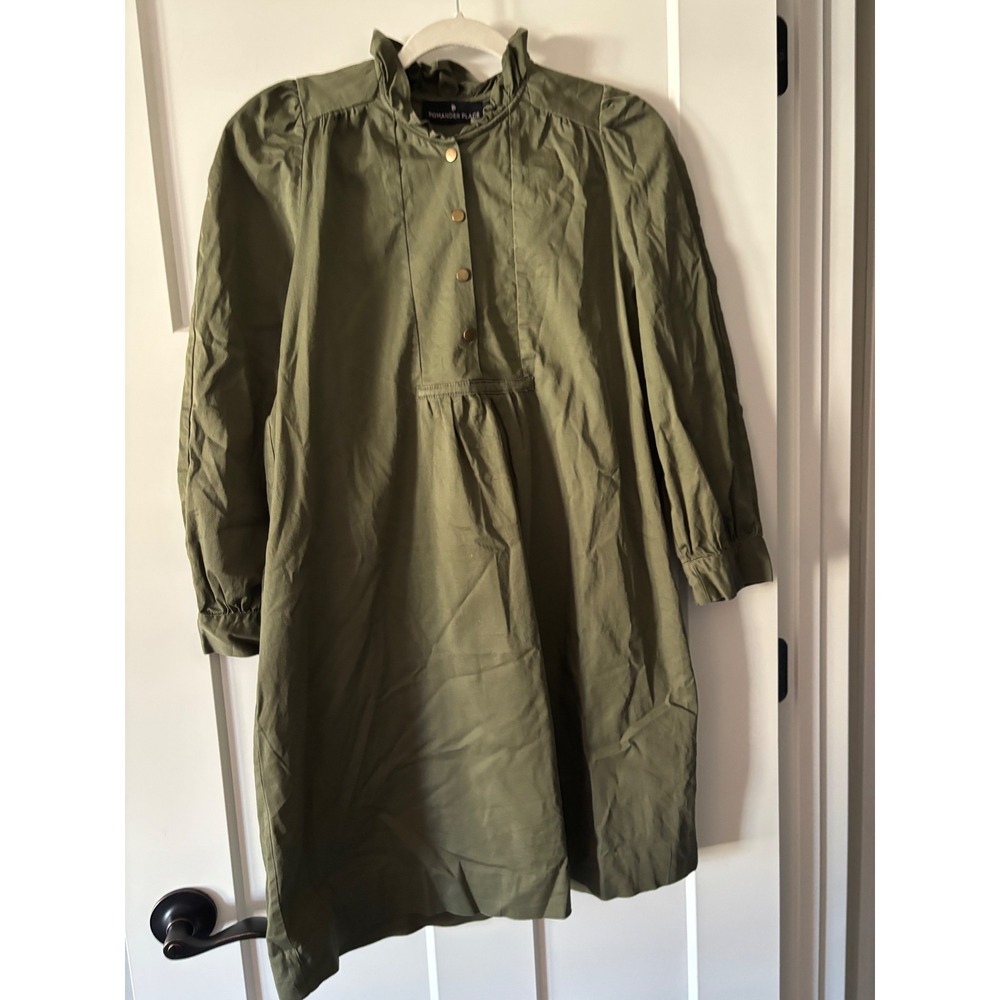 POMANDER PLACE Olive Green Ruffle Neck Button‎ Front Long Sleeve Dress Size M